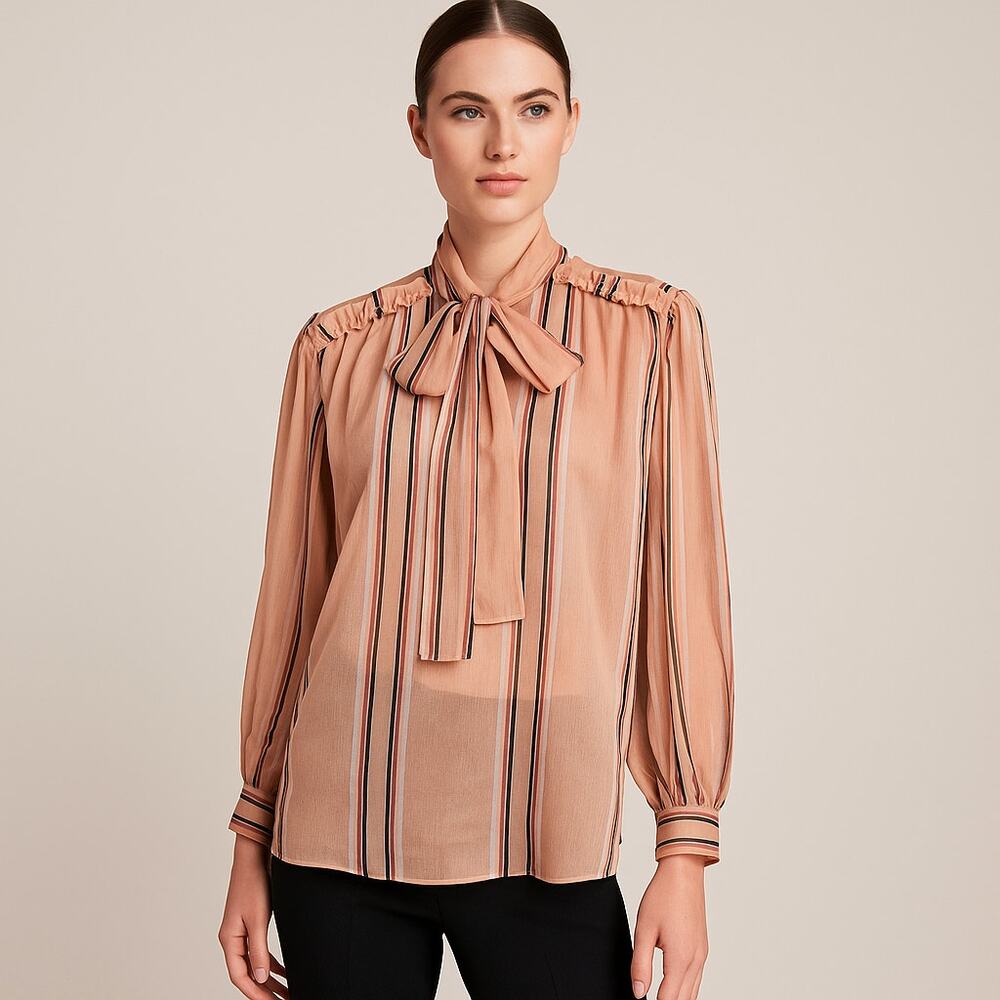 HEMANT & NANDITA Tie Neck Sheer Blouse in peach beige size M P